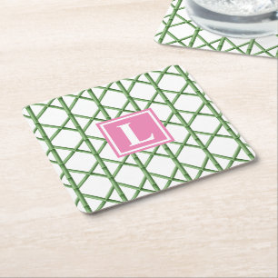 Preppy Green Trellis Bamboo Pattern Monogram Square Paper Coaster