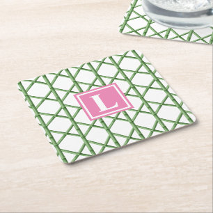 Preppy Green Trellis Bamboo Pattern Monogram Square Paper Coaster