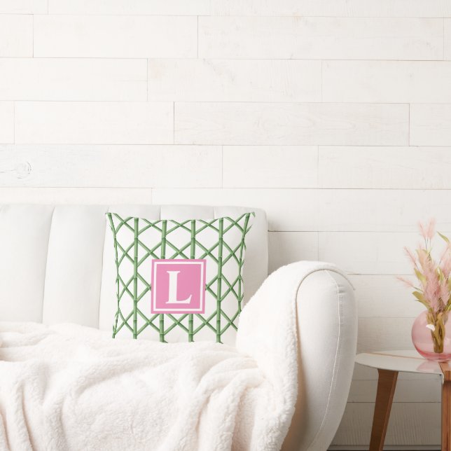 Preppy Green Trellis Bamboo Pattern Monogram Throw Pillow (Couch)