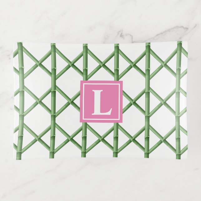 Preppy Green Trellis Bamboo Pattern Monogram Trinket Tray (Front)