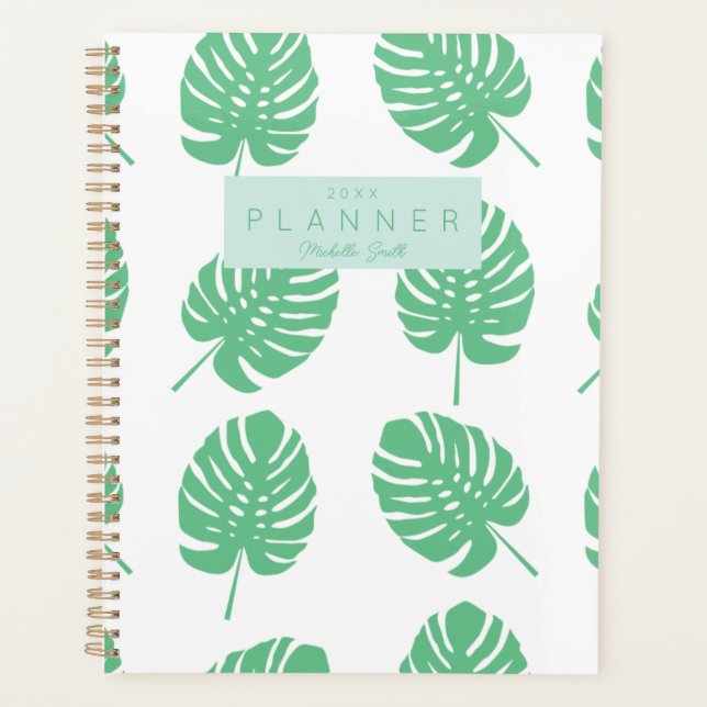 Preppy Green Tropical Monster Leaves Personalized Planner (Front)