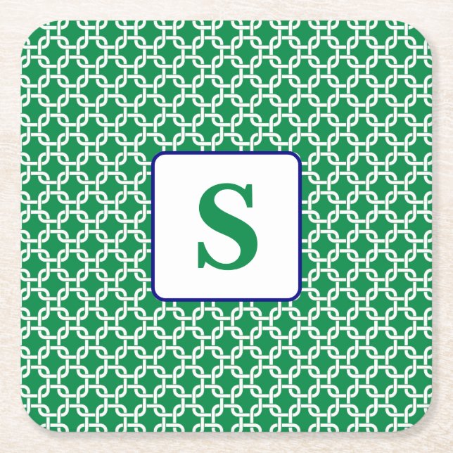 Preppy Green White Link Monogram  Square Paper Coaster (Front)