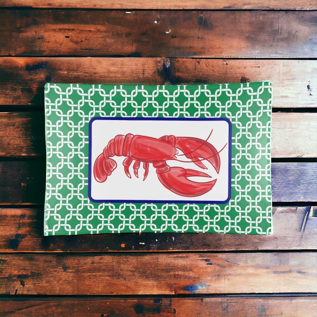 Preppy Green White Link Pattern Navy Lobster Trinket Tray (Creator Uploaded)