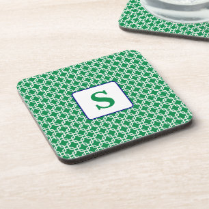 Preppy Green White Link Pattern Navy Monogram Beverage Coaster