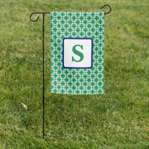 Preppy Green White Link Pattern Navy Monogram Garden Flag
