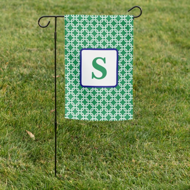 Preppy Green White Link Pattern Navy Monogram Garden Flag (In SItu)