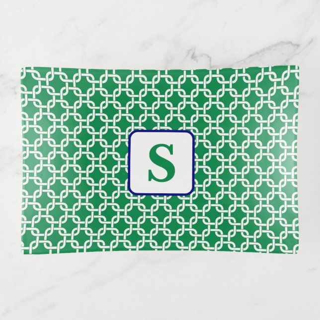 Preppy Green White Link Pattern Navy Monogram Trinket Tray (Front)