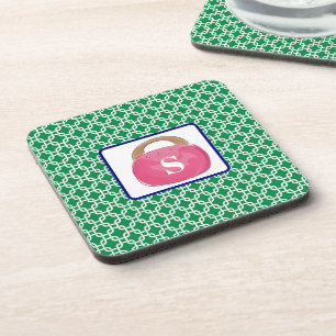 Preppy Green White Link Pattern Pink Bermuda Bag Beverage Coaster