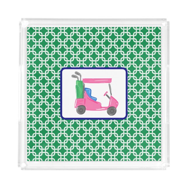 Preppy Green White Link Pattern Pink Golf Cart Acrylic Tray (Front)