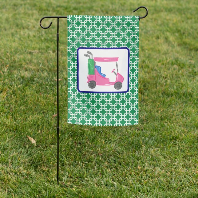 Preppy Green White Link Pattern Pink Golf Cart Garden Flag (In SItu)