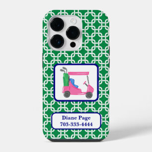 Preppy Green White Link Pattern Pink Golf Cart iPhone 14 Pro Case