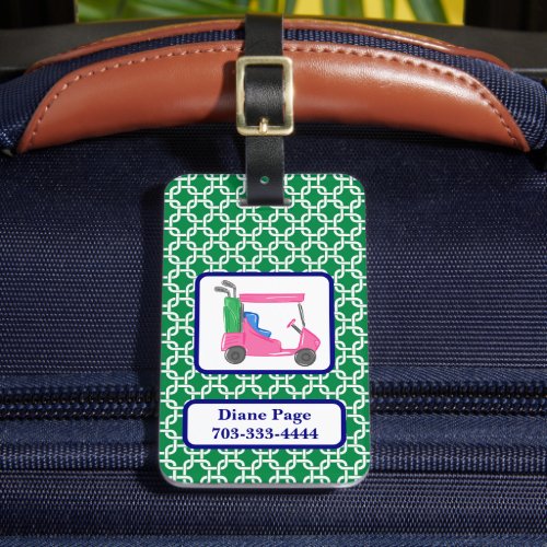 Preppy Green White Link Pattern Pink Golf Cart Luggage Tag