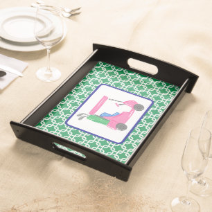 Preppy Green White Link Pattern Pink Golf Cart Serving Tray
