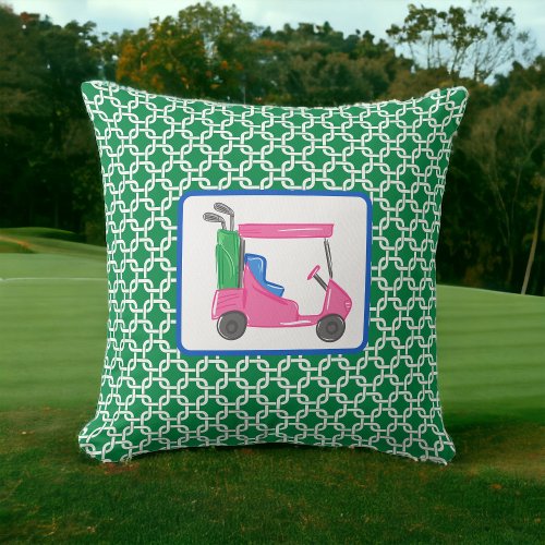 Preppy Green White Link Pattern Pink Golf Cart Throw Pillow