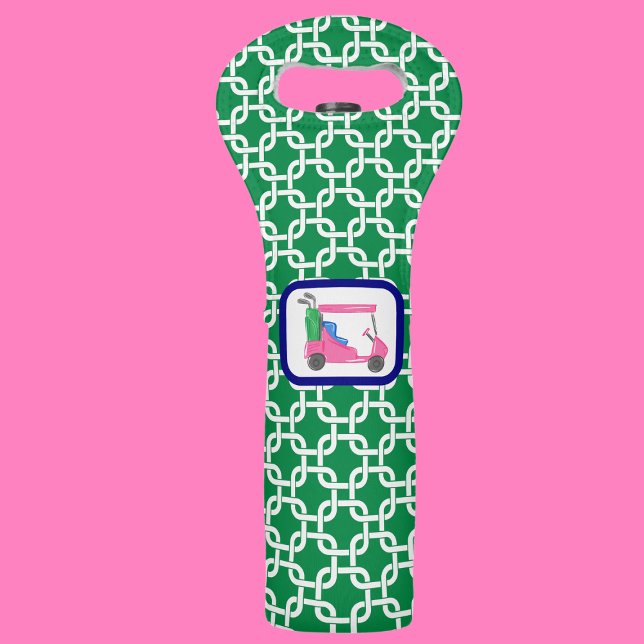 Preppy Green White Link Pattern Pink Golf Cart Wine Bag (Creator Uploaded)