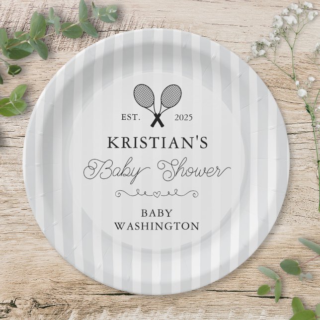 Preppy Grey Tennis Country Club Baby Shower Paper Plates (grey striped tennis theme baby shower paper plates for chic preppy baby shower event elegant names)