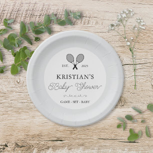 Preppy Grey Tennis Theme Chic Baby Shower Paper Plates