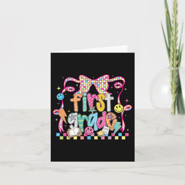 Preppy Groovy First Grade Back To School Coquette  Card (Front)
