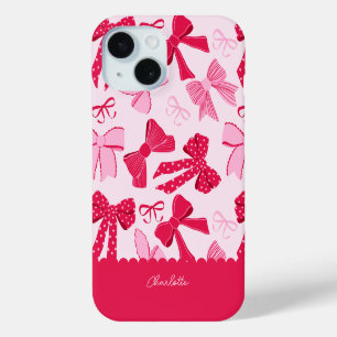 Preppy Hand Drawn Coquette Pink Red Bows iPhone 15 Case