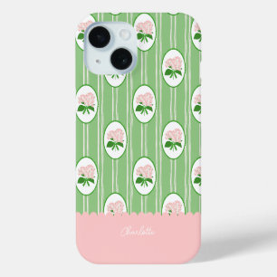 Preppy Hand Drawn Hydrangea Pink Green Frame iPhone 15 Case