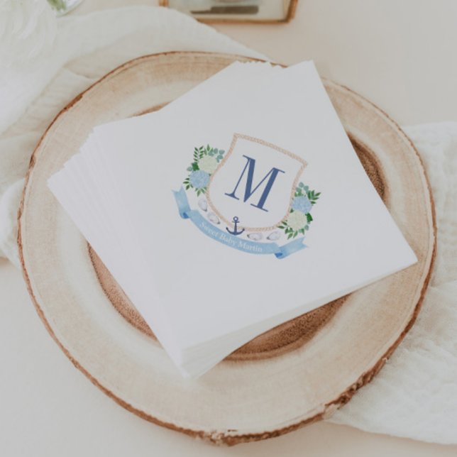 Preppy Hand Painted Coastal Monogram Baby Shower Napkins (Beachy coastal monogram crest blue and white baby shower napkins)