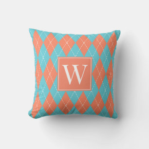 Preppy Hand-Stitched Argyle – Coral & Turquoise Throw Pillow