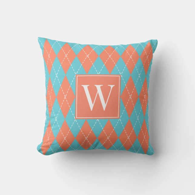 Preppy Hand-Stitched Argyle – Coral & Turquoise Throw Pillow (Front)