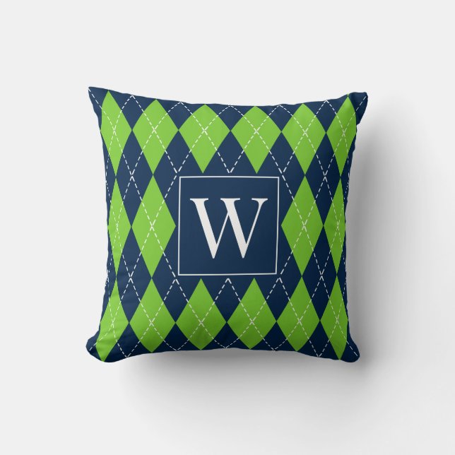 Preppy Hand-Stitched Argyle – Navy & Lime Throw Pillow (Front)