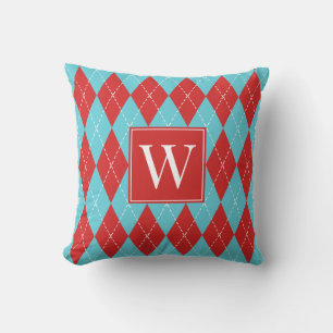 Preppy Hand-Stitched Argyle – Red & Turquoise Throw Pillow