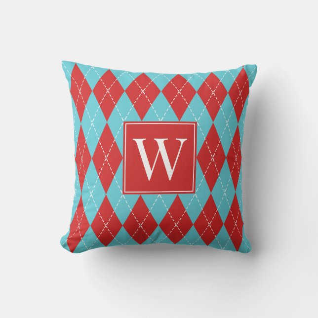 Preppy Hand-Stitched Argyle – Red & Turquoise Throw Pillow (Front)