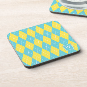 Preppy Hand-Stitched Argyle – Yellow & Turquoise Beverage Coaster