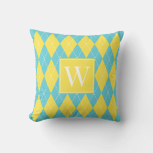 Preppy Hand-Stitched Argyle – Yellow & Turquoise Throw Pillow