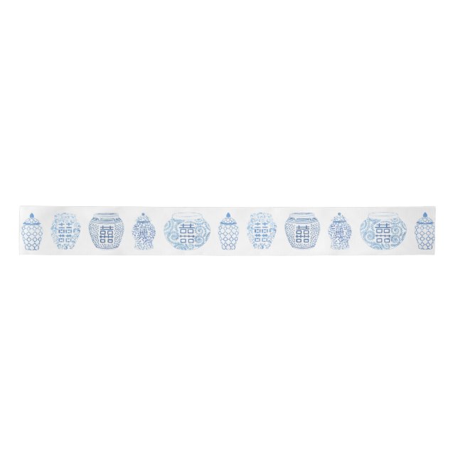 Preppy Handpainted Blue And White Ginger Jars Satin Ribbon (Front)