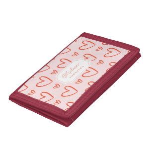 Preppy hearts in pink & red with name trifold wallet