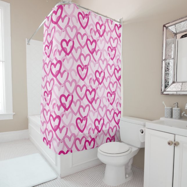 Preppy Hearts Pink Shower Curtain (In Situ)