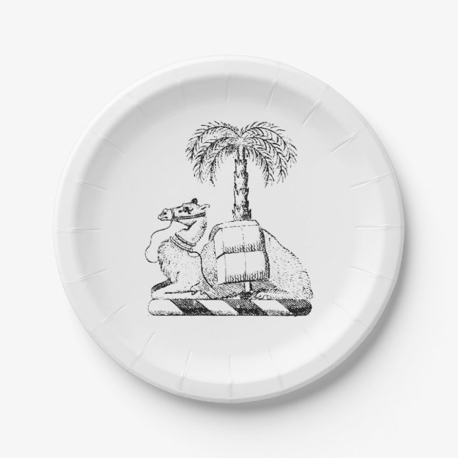 Preppy Heraldic Camel Palm Tree Coat of Arms Paper Plates (Front)