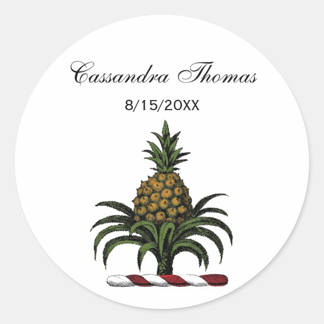 Preppy Heraldic Pineapple Crest Color RWT Classic Round Sticker (Front)