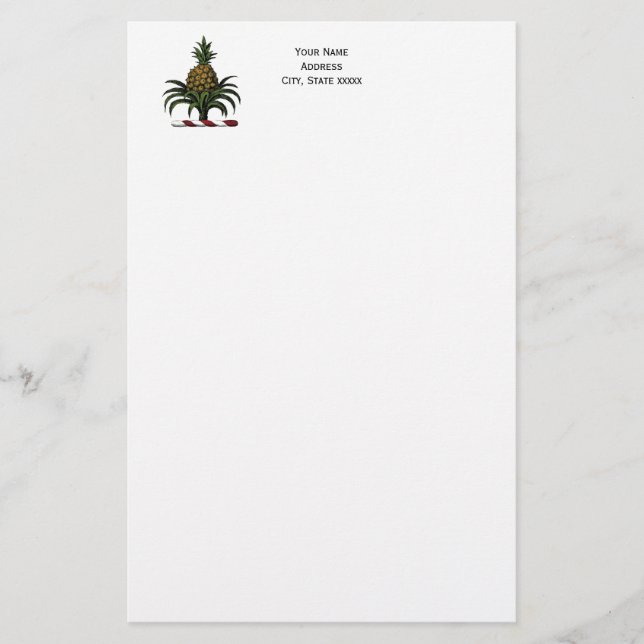 Preppy Heraldic Pineapple Crest Color RWT Stationery (Front)