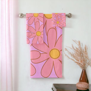 Preppy Hippie Pink Purple Flower Pattern Bath Towel Set