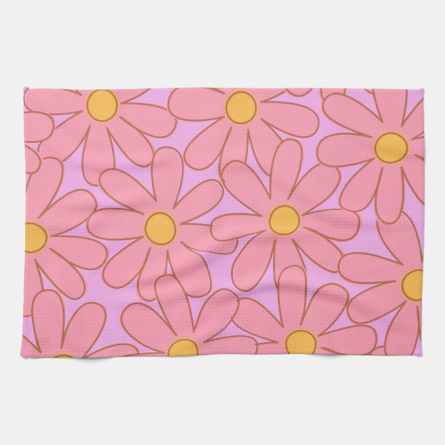 Preppy Hippie Pink Purple Flower Pattern Kitchen Towel (Horizontal)
