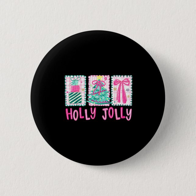 Preppy Holly Xmas Jolly Coquette Bow Christmas Tre Button (Front)