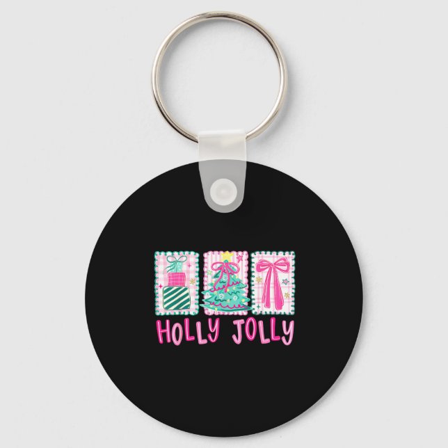 Preppy Holly Xmas Jolly Coquette Bow Christmas Tre Keychain (Front)