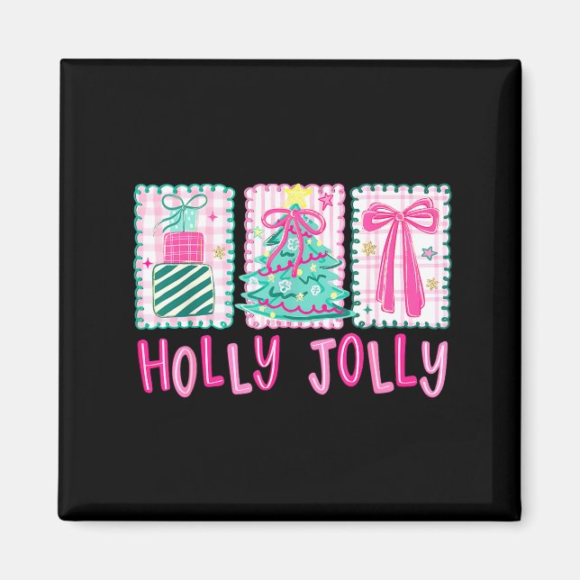 Preppy Holly Xmas Jolly Coquette Bow Christmas Tre Magnet (Front)