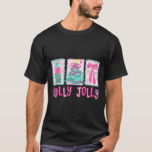Preppy Holly Xmas Jolly Coquette Bow Christmas Tre T-Shirt (Front)
