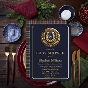 Preppy Horseshoe Plaid Monogram Baby Shower Invitation