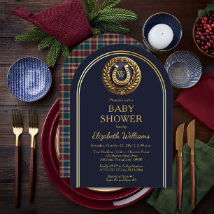 Preppy Horseshoe Plaid Monogram Baby Shower Invitation