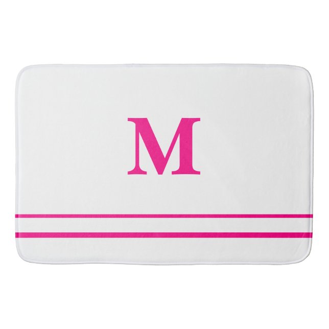 Preppy Hot Pink Elegant Minimal Border Initial Bath Mat (Front)