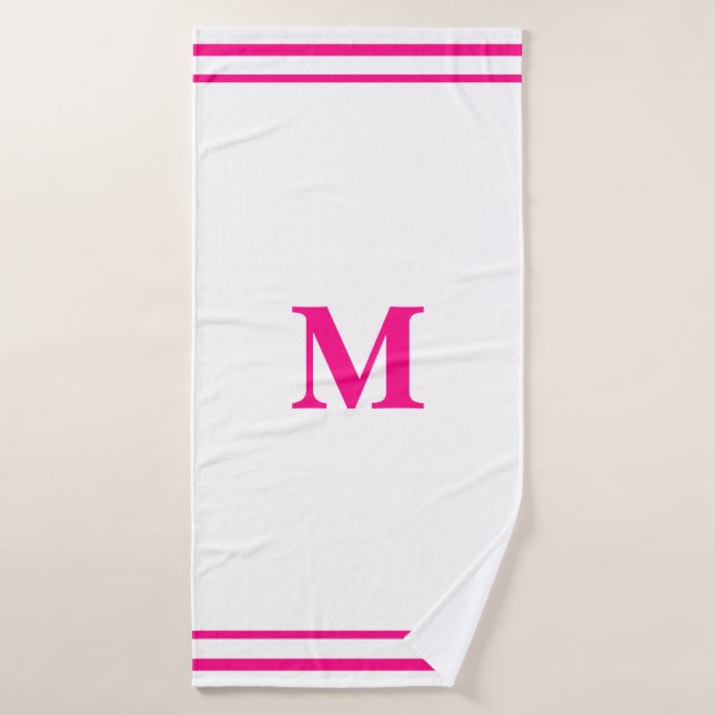 Preppy Hot Pink Elegant Minimal Border Initial Bath Towel (Bath Towel)