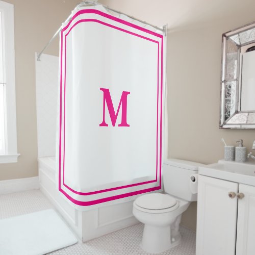 Preppy Hot Pink Elegant Minimal Border Initial Shower Curtain