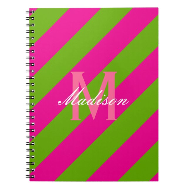 Preppy Hot Pink & Lime Green Striped Monogram Notebook (Front)